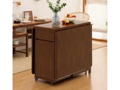 Mesa de comedor extensible y compacta, mesa de cocina de madera de 130 cm con almacenamiento y ruedas 360°, para 2 a 6 personas, acabado nogal