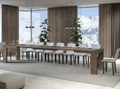 Mesa de comedor extensible de madera Ribo-Color Marrón-Base y soporte con ruedas-5 alargaderas finas-Ancho extensible