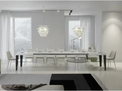 Mesa de comedor extensible Flavio-Color Blanco-Soporte 4 pies-5 alargaderas finas-Ancho extensible