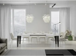 Mesa de comedor extensible Flavio-Color Blanco-Soporte 4 pies-5 alargaderas finas-Ancho extensible