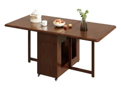 Mesa de comedor extensible y compacta, mesa de cocina de madera de 150 cm con almacenamiento y ruedas 360°, para 2 a 6 personas, acabado nogal