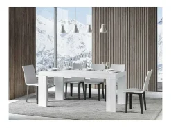 Mesa de comedor extensible de madera Ribo-Color Blanco-Base y soporte con ruedas-5 alargaderas finas-Ancho extensible