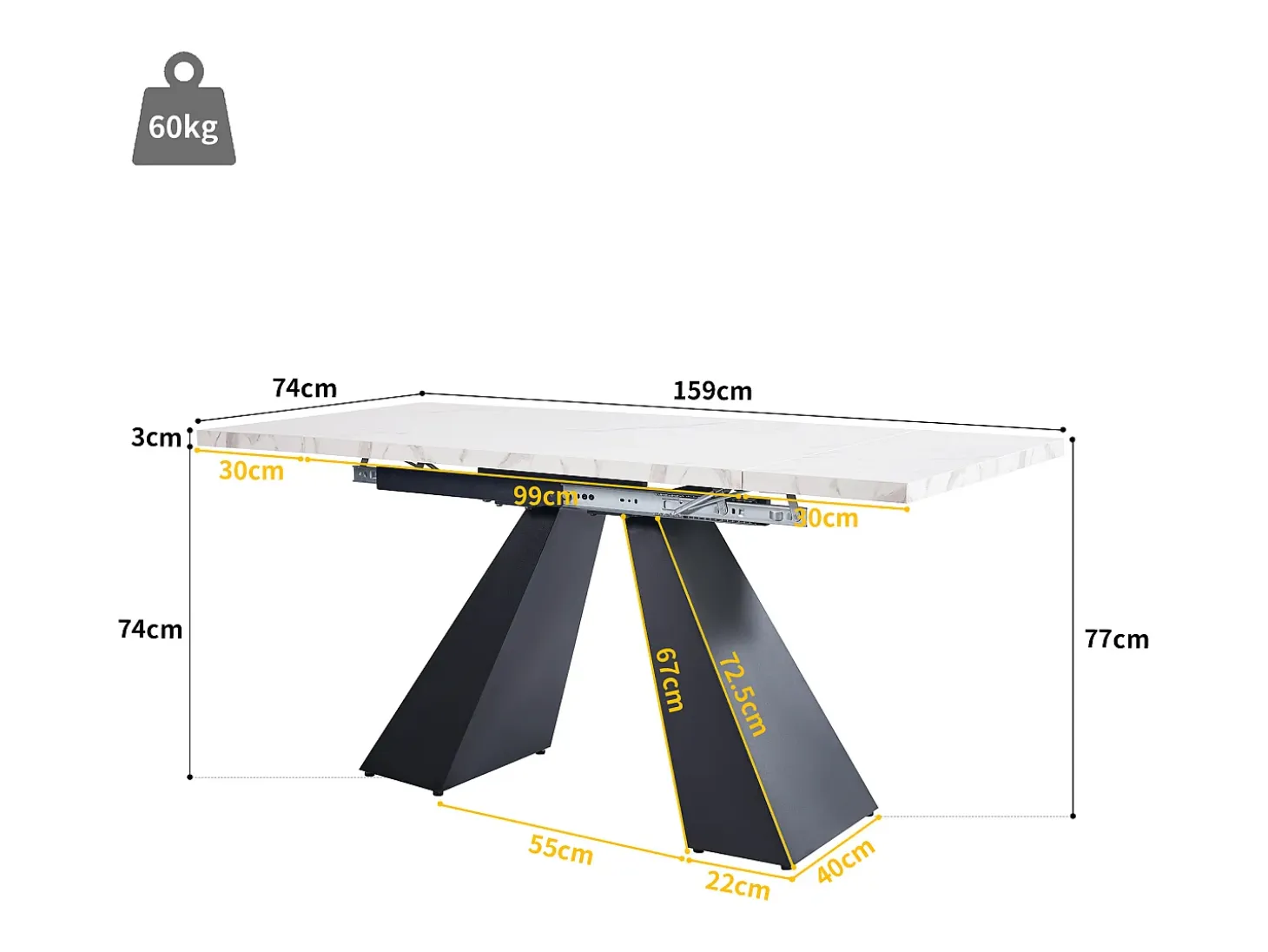 Mesa de comedor extensible 99-159 x 74 cm - 6 a 8 personas - en MDF - Blanco + Negro