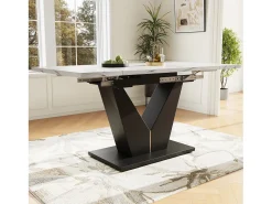 Mesa de comedor extensible 159x75cm para 6 personas en MDF chapado en mármol blanco con patas negras