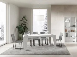 Mesa de comedor extensible de madera Naxo.-Color Blanco-Soporte 2 pies-5 alargaderas finas-Ancho extensible