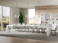 Mesa de comedor extensible de madera Naxo.-Color Blanco-Soporte 2 pies-5 alargaderas finas-Ancho extensible