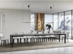 Mesa de comedor extensible Karry evolución-Color Gris cemento-Base y soporte con ruedas-Ancho extensible