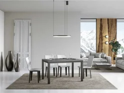 Mesa de comedor extensible Karry evolución-Color Gris cemento-Base y soporte con ruedas-Ancho extensible