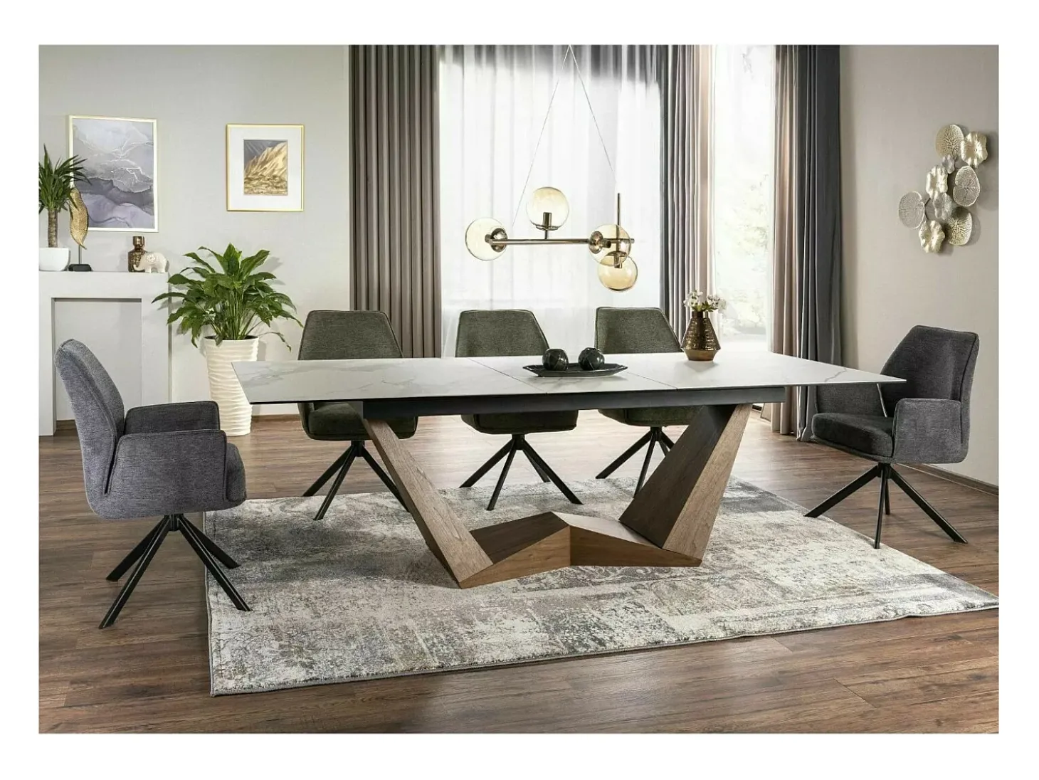 Mesa de comedor extensible con tablero de cerámica imitación mármol blanco Stunt