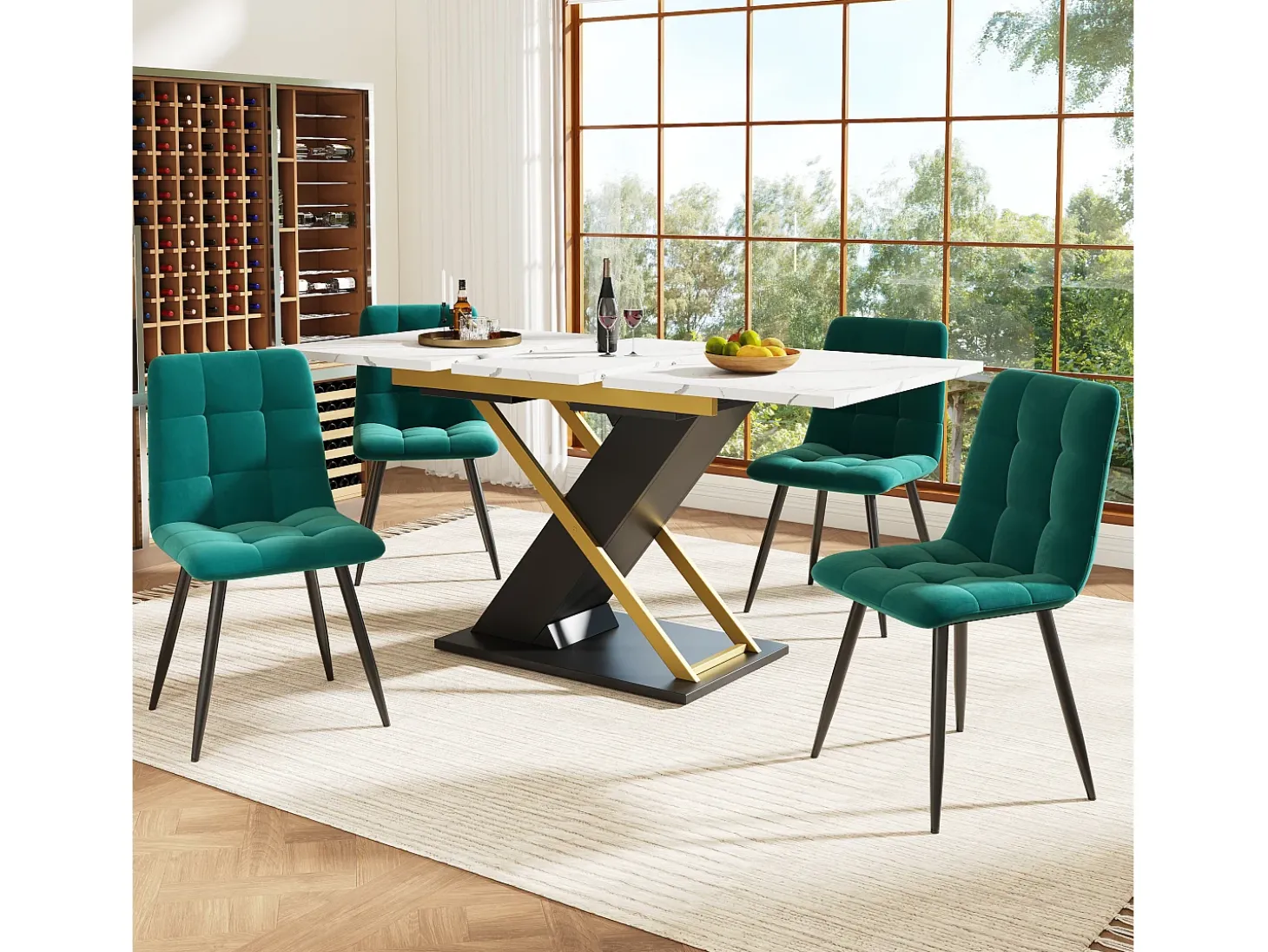 Mesa de comedor extensible para 4 a 6 personas - 120/160 x 80 x 75,4 cm - MDF + patas metálicas cruzadas - Blanco + negro
