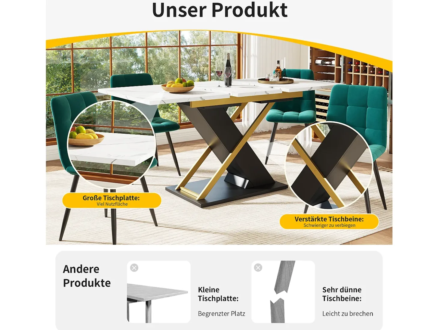 Mesa de comedor extensible para 4 a 6 personas - 120/160 x 80 x 75,4 cm - MDF + patas metálicas cruzadas - Blanco + negro