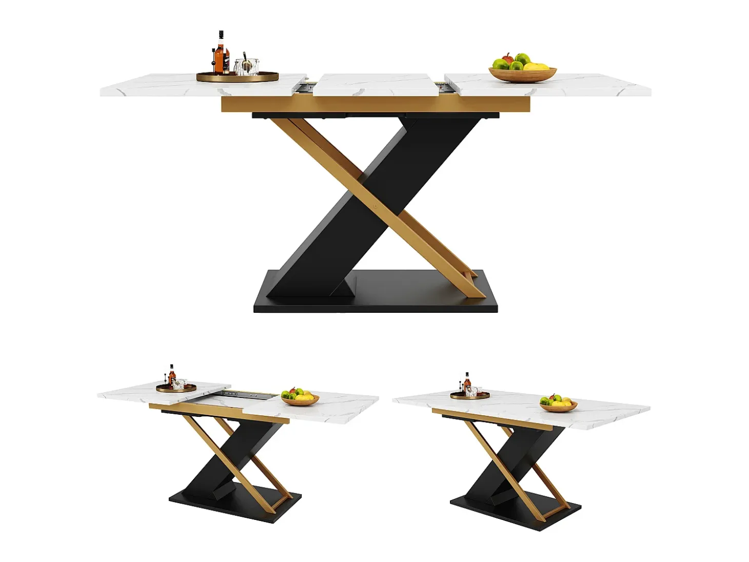 Mesa de comedor extensible para 4 a 6 personas - 120/160 x 80 x 75,4 cm - MDF + patas metálicas cruzadas - Blanco + negro