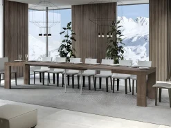 Mesa de comedor extensible de madera Ribo-Color Marrón-Base y soporte con ruedas-5 alargaderas finas-Ancho extensible