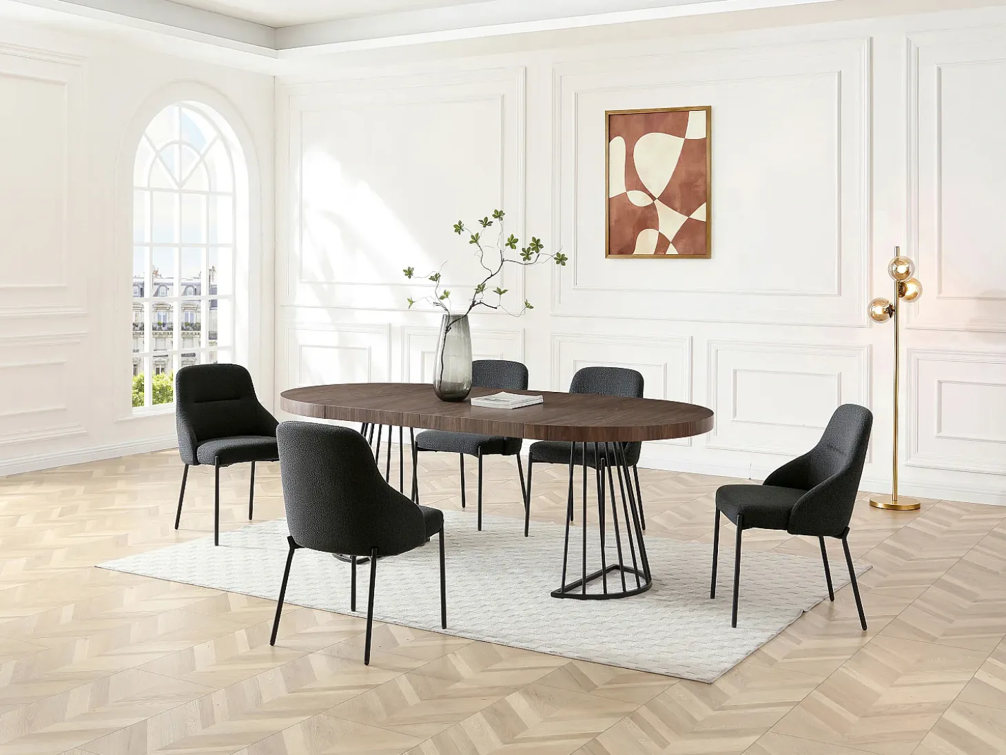 Mesa de comedor extensible 2 a 12 personas en MDF y acero - Marrón oscuro natural y negro - FIRELA