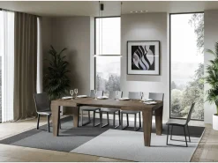 Mesa de comedor extensible de madera Kristo patas en V-Color Marrón-Base y soporte con ruedas-Alargaderas -Ancho extensible