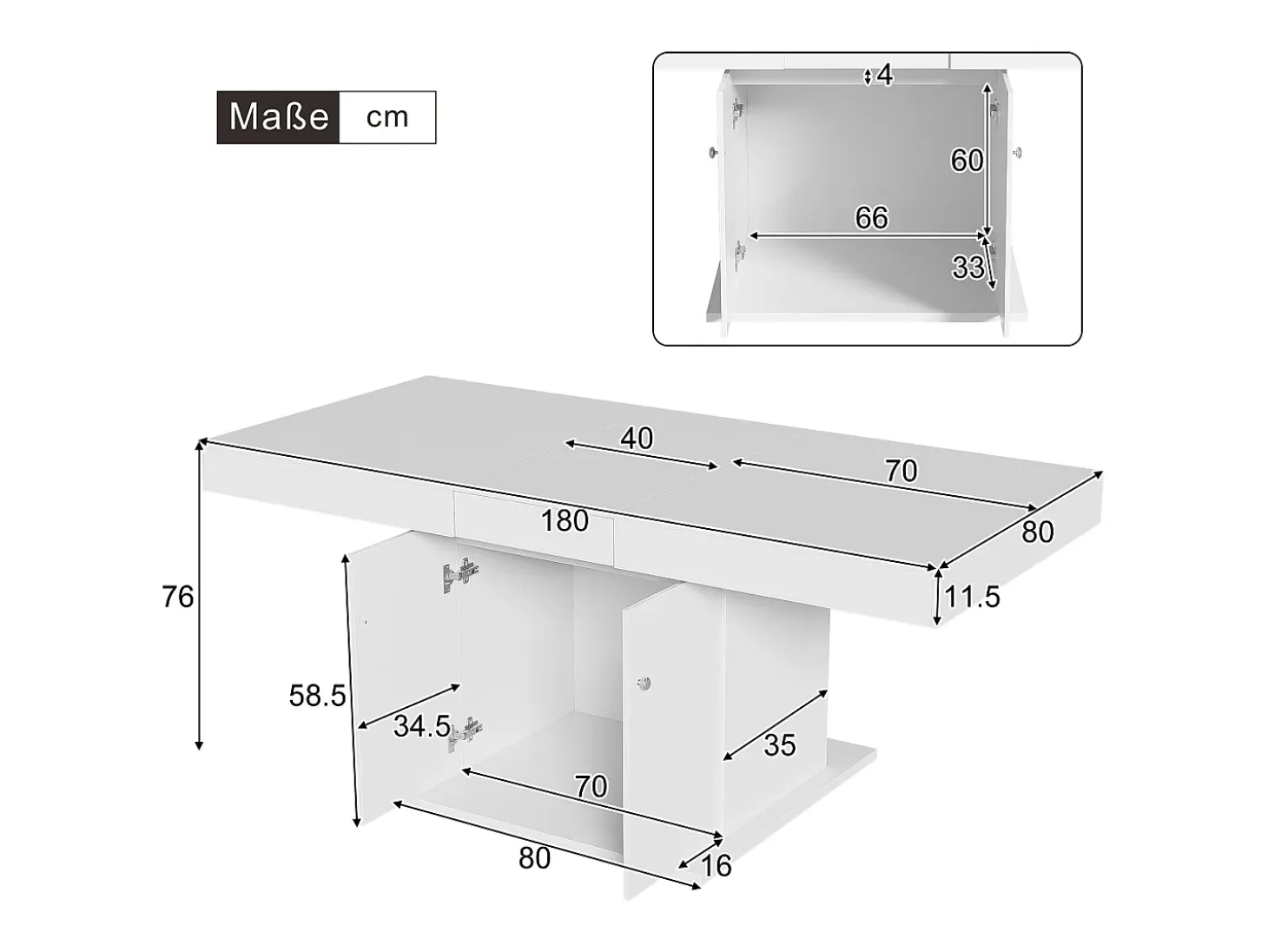 Mesa de comedor extensible - con almacenamiento debajo - estilo moderno - Blanco