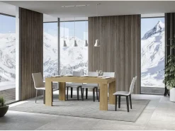 Mesa de comedor extensible de madera Ribo-Color Blanco-Base y soporte con ruedas-Alargaderas -Ancho extensible
