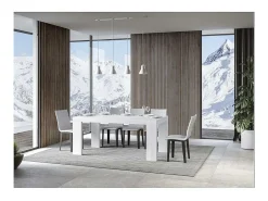 Mesa de comedor extensible de madera Ribo-Color Blanco-Base y soporte con ruedas-Alargaderas -Ancho extensible