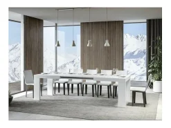 Mesa de comedor extensible de madera Ribo-Color Blanco-Base y soporte con ruedas-Alargaderas -Ancho extensible