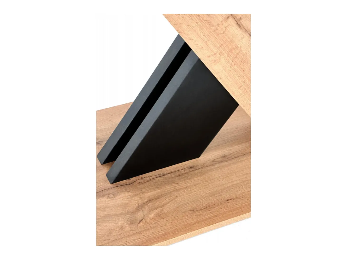 Mesa de comedor extensible APODIS con pata central bicolor y tablero de aspecto roble