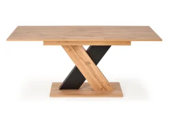 Mesa de comedor extensible APODIS con pata central bicolor y tablero de aspecto roble