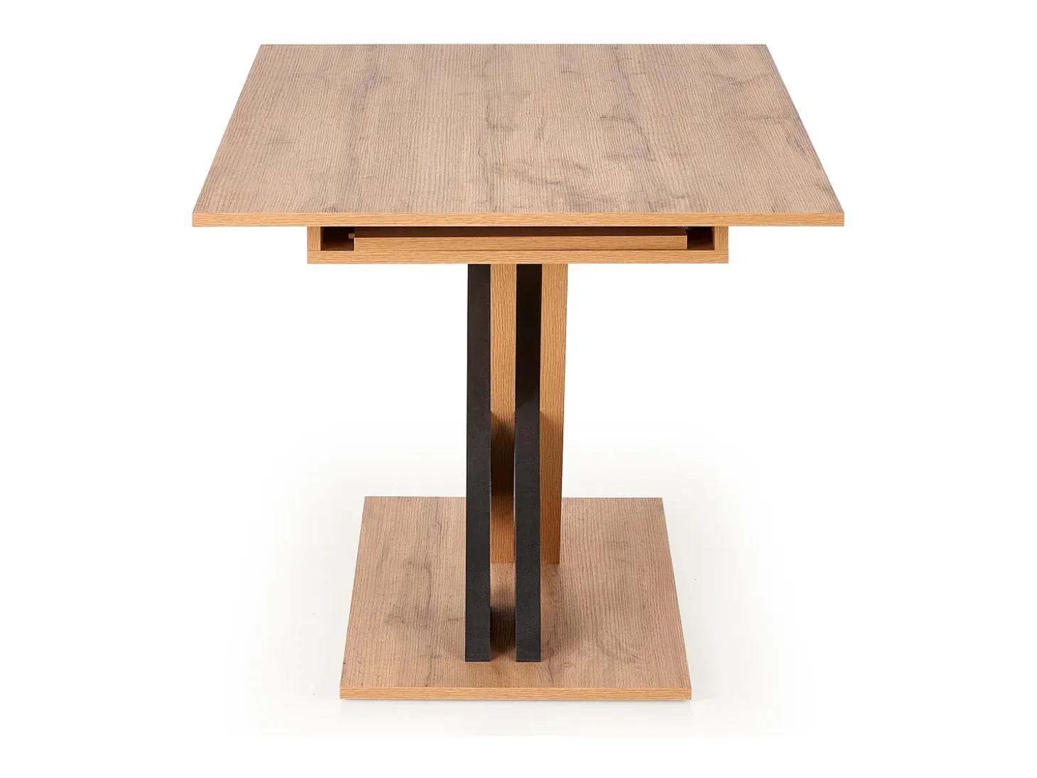 Mesa de comedor extensible APODIS con pata central bicolor y tablero de aspecto roble