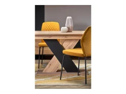 Mesa de comedor extensible APODIS con pata central bicolor y tablero de aspecto roble