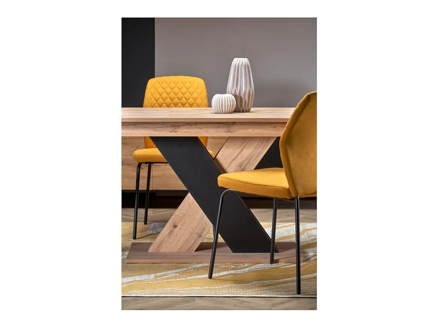 Mesa de comedor extensible APODIS con pata central bicolor y tablero de aspecto roble