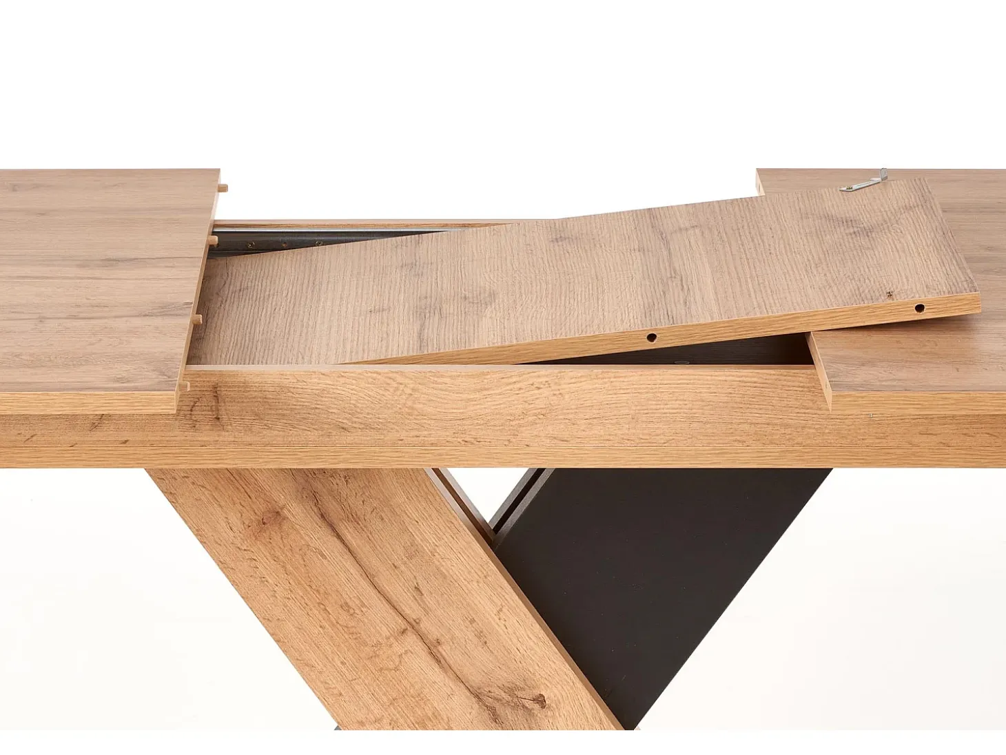 Mesa de comedor extensible APODIS con pata central bicolor y tablero de aspecto roble