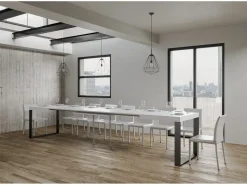 Mesa de comedor extensible tiroz-Color Blanco-Base y soporte con ruedas-5 alargaderas finas-Ancho extensible