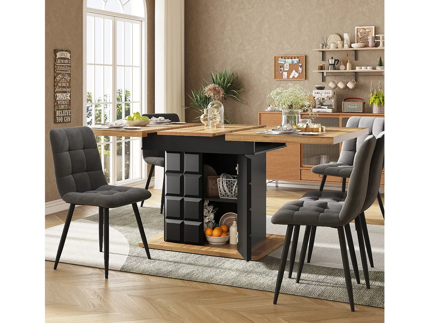 Mesa de comedor extensible para 4 a 6 personas - Estampado de cuadros con puertas - Negro y madera