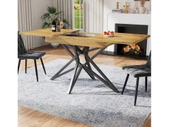 Mesa de comedor extensible 160x80x66 cm - 6 personas - patas de mesa en forma de estrella - tablero de mesa imitación nogal - Natural