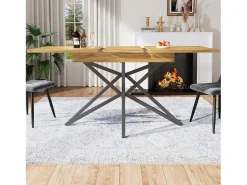 Mesa de comedor extensible 160x80x66 cm - 6 personas - patas de mesa en forma de estrella - tablero de mesa imitación nogal - Natural