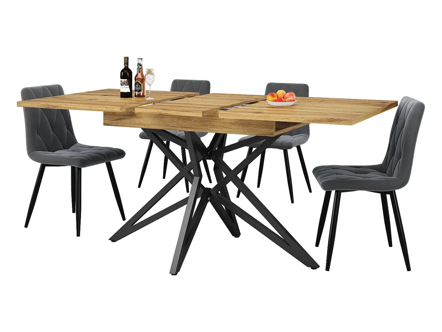 Mesa de comedor extensible 160x80x66 cm - 6 personas - patas de mesa en forma de estrella - tablero de mesa imitación nogal - Natural