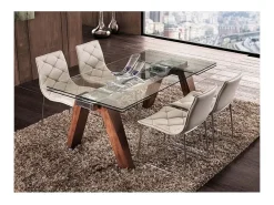 Mesa de comedor extensible 160/240 cm con tablero de cristal y patas de nogal macizo Karone