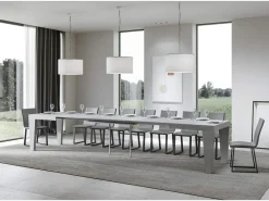 Mesa de comedor extensible de madera Kristo patas en V-Color Gris cemento-Base y soporte con ruedas-5 alargaderas finas-Ancho extensible