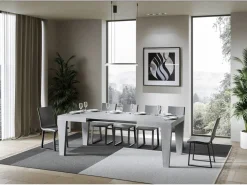 Mesa de comedor extensible de madera Kristo patas en V-Color Gris cemento-Base y soporte con ruedas-5 alargaderas finas-Ancho extensible