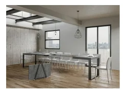 Mesa de comedor extensible tiroz-Color Gris cemento-Soporte 4 pies-5 alargaderas finas-Ancho extensible