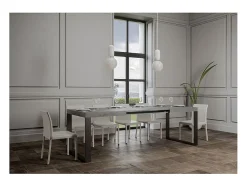 Mesa de comedor extensible tiroz-Color Gris cemento-Soporte 4 pies-5 alargaderas finas-Ancho extensible