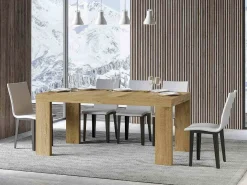 Mesa de comedor extensible de madera Ribo-Color Natural-Base y soporte con ruedas-5 alargaderas finas-Ancho extensible