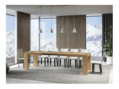 Mesa de comedor extensible de madera Ribo-Color Natural-Base y soporte con ruedas-5 alargaderas finas-Ancho extensible