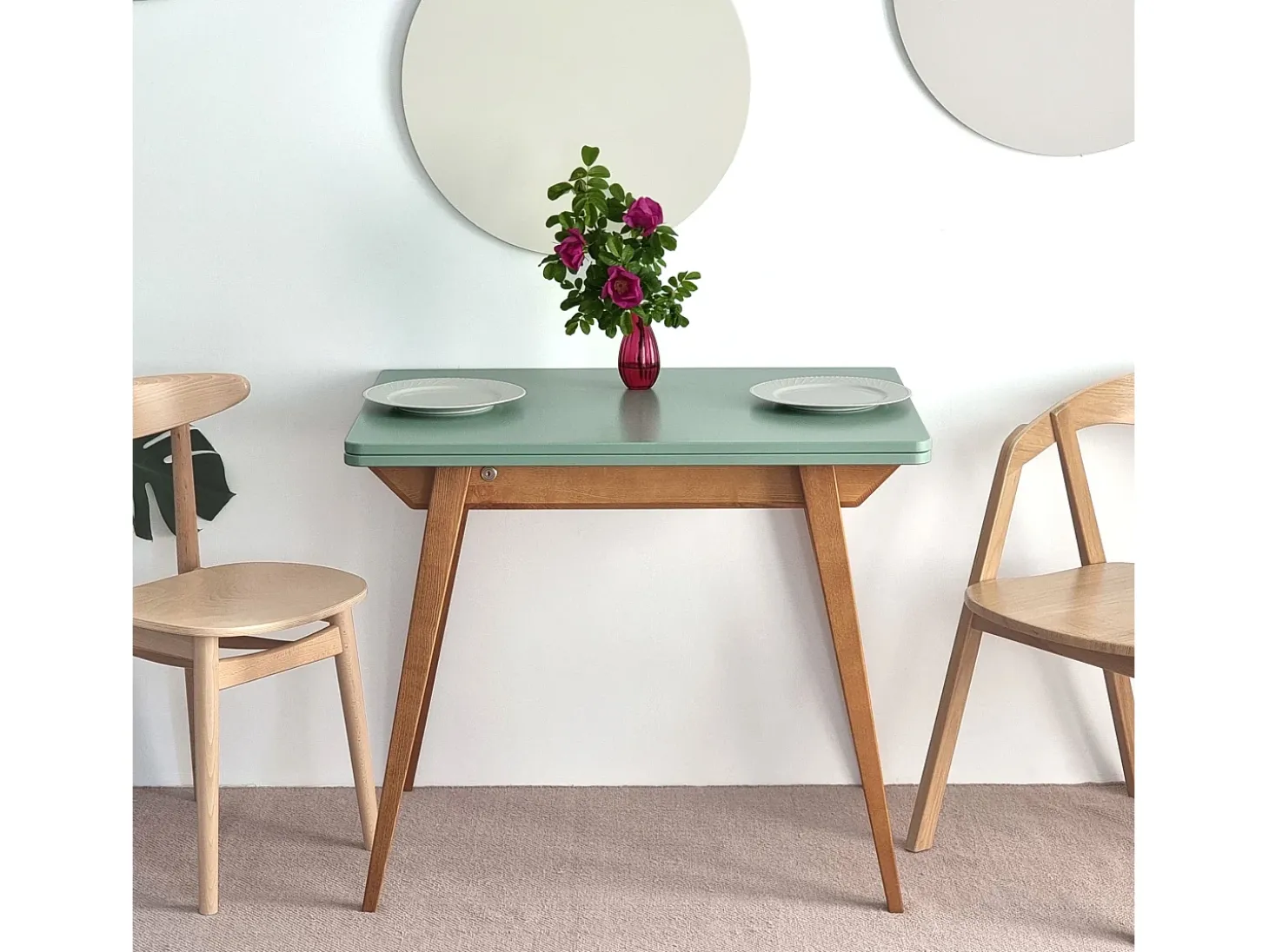 Mesa de comedor extensible 90 x 65 cm Envelope Blanco Tiza Roble