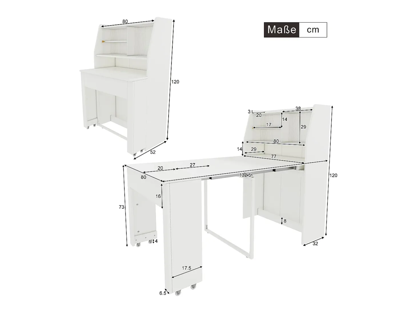 Mesa de comedor extensible blanca para 2 o 3 personas con almacenaje, regulable en 4 longitudes, 52/132,5x80x73cm