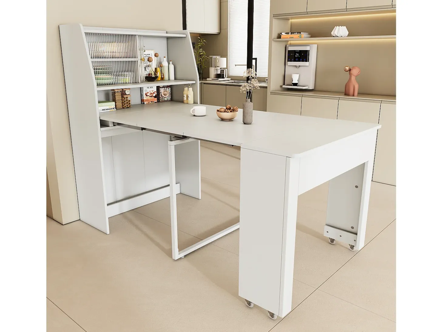 Mesa de comedor extensible blanca para 2 o 3 personas con almacenaje, regulable en 4 longitudes, 52/132,5x80x73cm