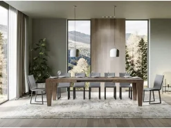 Mesa de comedor extensible de madera Kristo patas en V-Color Marrón-Base y soporte con ruedas-Alargaderas -Ancho extensible