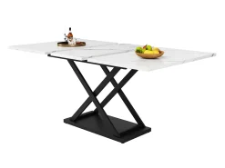 Mesa de comedor extensible para 4 a 6 personas - 120/160 x 80 x 75 cm - Patas de MDF y metal - Tablero efecto mármol - Color blanco
