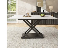 Mesa de comedor extensible para 4 a 6 personas - 120/160 x 80 x 75 cm - Patas de MDF y metal - Tablero efecto mármol - Color blanco