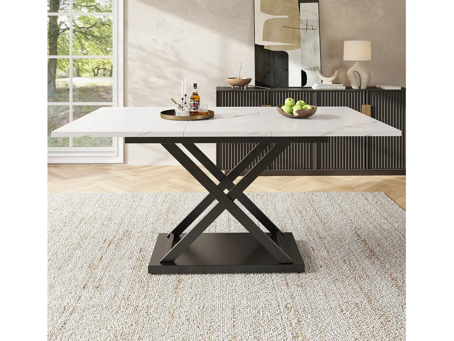 Mesa de comedor extensible para 4 a 6 personas - 120/160 x 80 x 75 cm - Patas de MDF y metal - Tablero efecto mármol - Color blanco