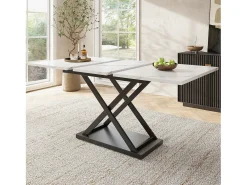 Mesa de comedor extensible para 4 a 6 personas - 120/160 x 80 x 75 cm - Patas de MDF y metal - Tablero efecto mármol - Color blanco