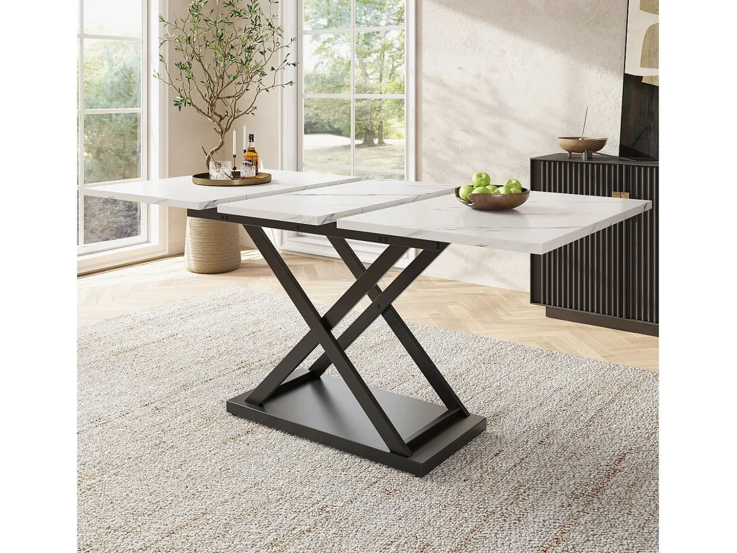 Mesa de comedor extensible para 4 a 6 personas - 120/160 x 80 x 75 cm - Patas de MDF y metal - Tablero efecto mármol - Color blanco